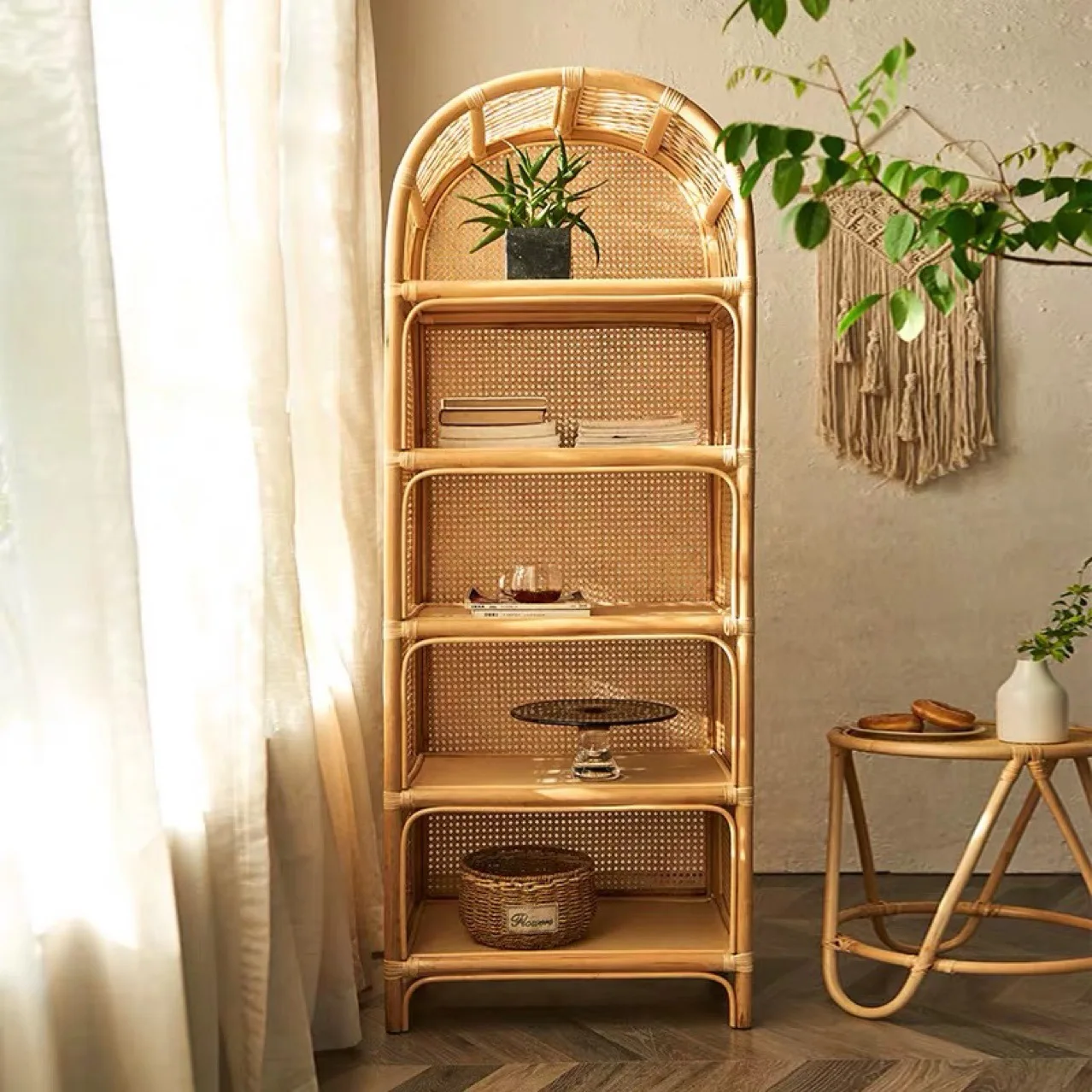 Nordic true rattan bookshelf Nordic simple full rattan bookcase shelf household display cabinet study environmenta