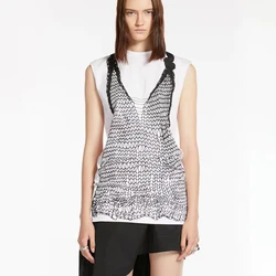 Okrągły dekolt geometryczny wzór tank top, stretch dzianina damska t-shirt, bawełna, top bez rękawów, lato, y2k, Korea nowa moda,