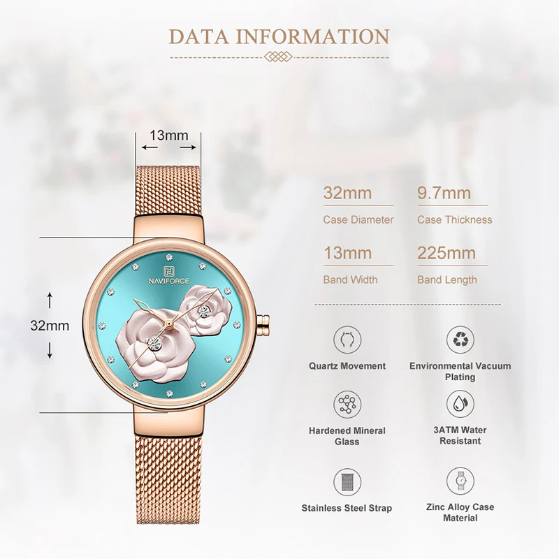 NAVIFORCE Elegant Fashion Women Watch Mesh Stainless Steel Band Female Bracelet Casual Wild Waterproof Ladies Wristwatch NF5013