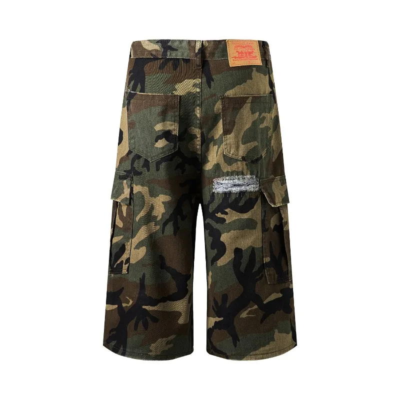 Damskie jeansy plus size w stylu amerykańskim, postarzane, z naszywkami, proste nogawki, kamuflaż, długość 7/8, luźne, wyszczuplające szorty casual.