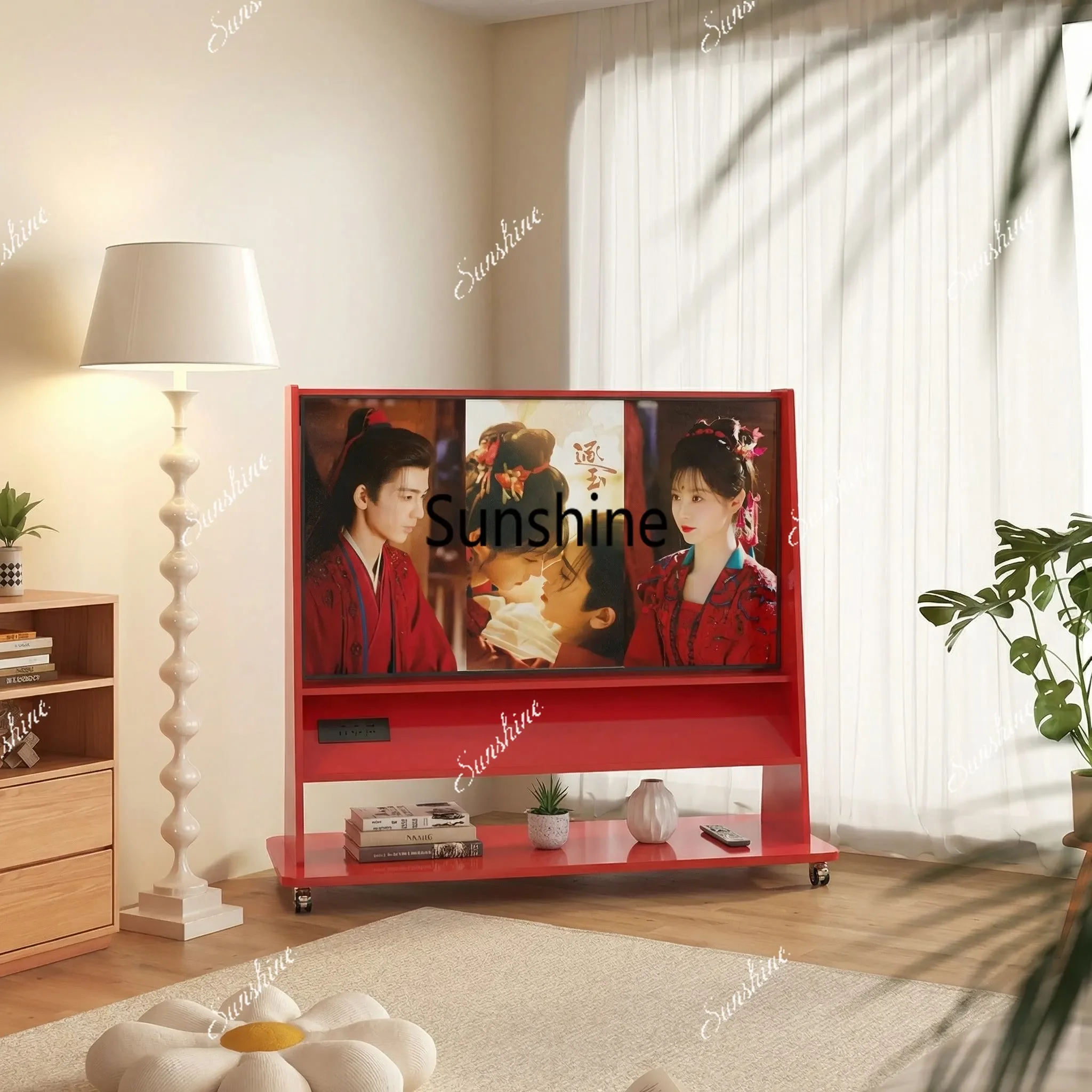 

Solid wood movable, living room small apartment modern floor storage TV bracketY