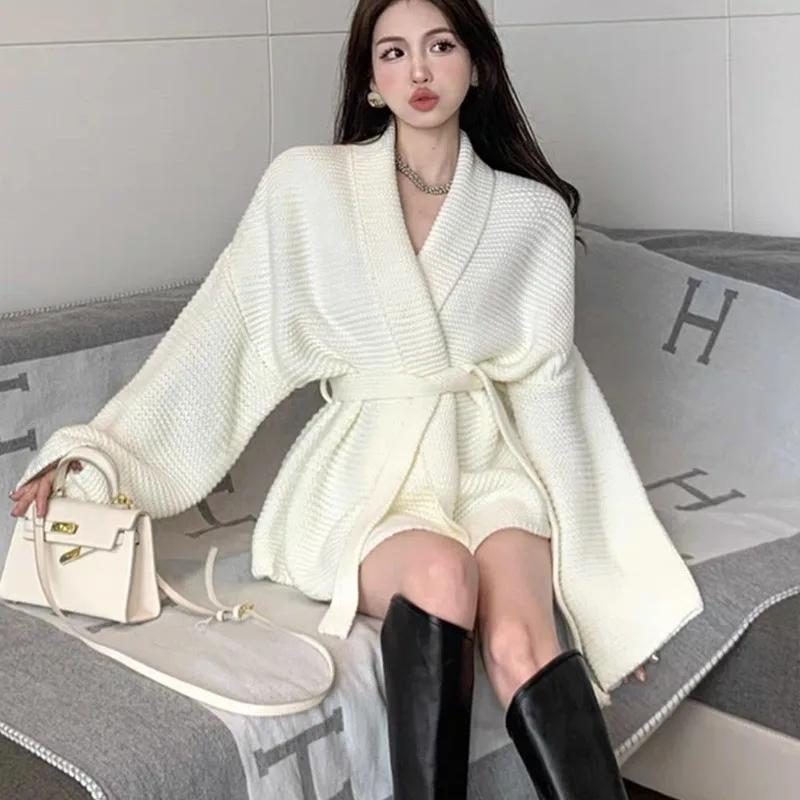 

V-neck Knitting Cardigan Coat Women Autumn Winter Elegant Temperament Solid Color Sweater Simplicity Office Lady Knitwear Tops