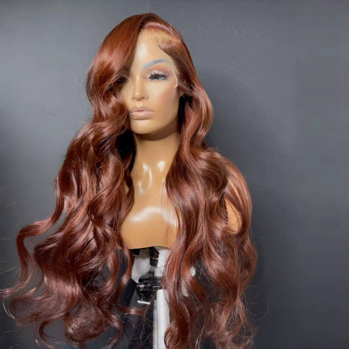 

Reddish Brown Body Wave 13X4 Synthetic Lace Front Wigs Copper Red Body Wave Pre Plucked Hairline With Baby Hair Glueless Fiber