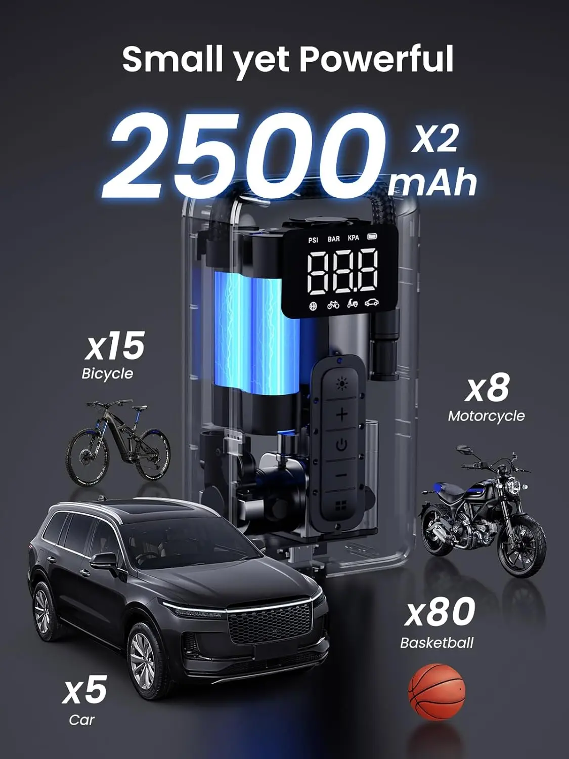 UGREEN タイヤインフレータ ポータブルエアコンプレッサー 150PSI エアポンプ バッテリー内蔵 LEDライト付き コードレス タイヤポンプ 車 バイク ボール用