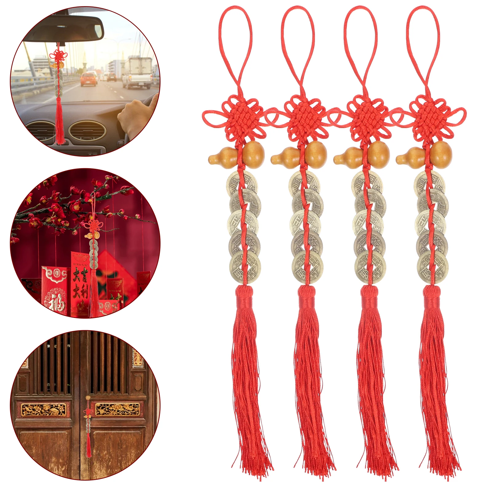 

4pcs Gourd Pendant Chinese Style New Year Decor Spring Festival Hanging Peach Wood Ornament Car Home