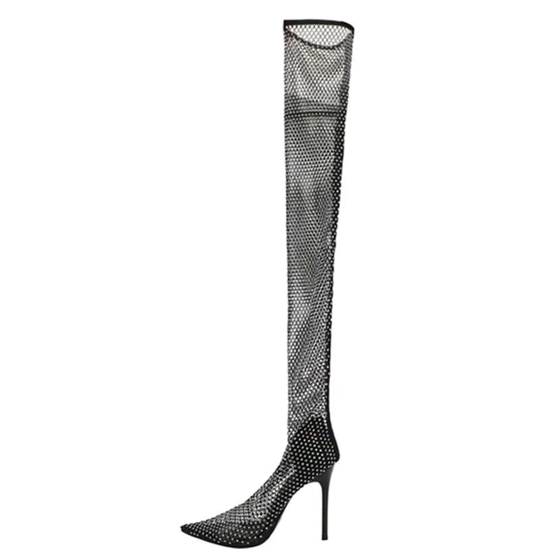 

Nightclub Rhinestone Bling Women's Shoes Summer Sunscreen Breathable Pointed Super High Heels Modern Women Over The Knee Boots
