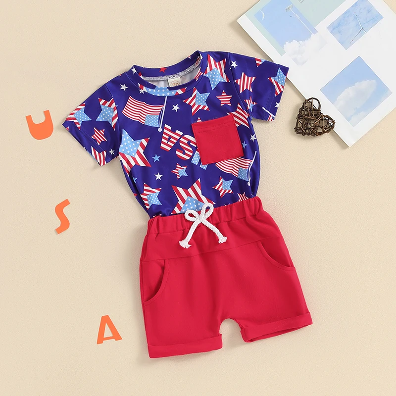 Toddler Boys Memorial Day Outfits Star Print Short Sleeves T-Shirt and Elastic Shorts for 2 Piece Vacation Clothes Set