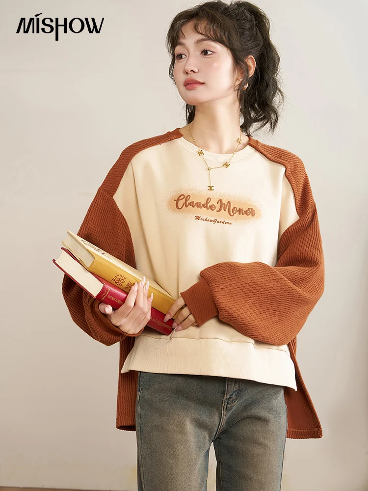 MISHOW Letter Print Corduroy Oversized Sweatshirt Autumn Winter O-Neck Long Sleeve Contrast Color Pullover Tops MXC54V0047