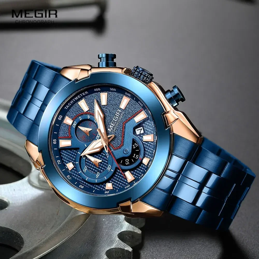 MEGIR Men Chronograph Watches Stainless Steel Quartz Watch Blue Sport Luminous Waterproof Wristwatch relogio reloj часы montre