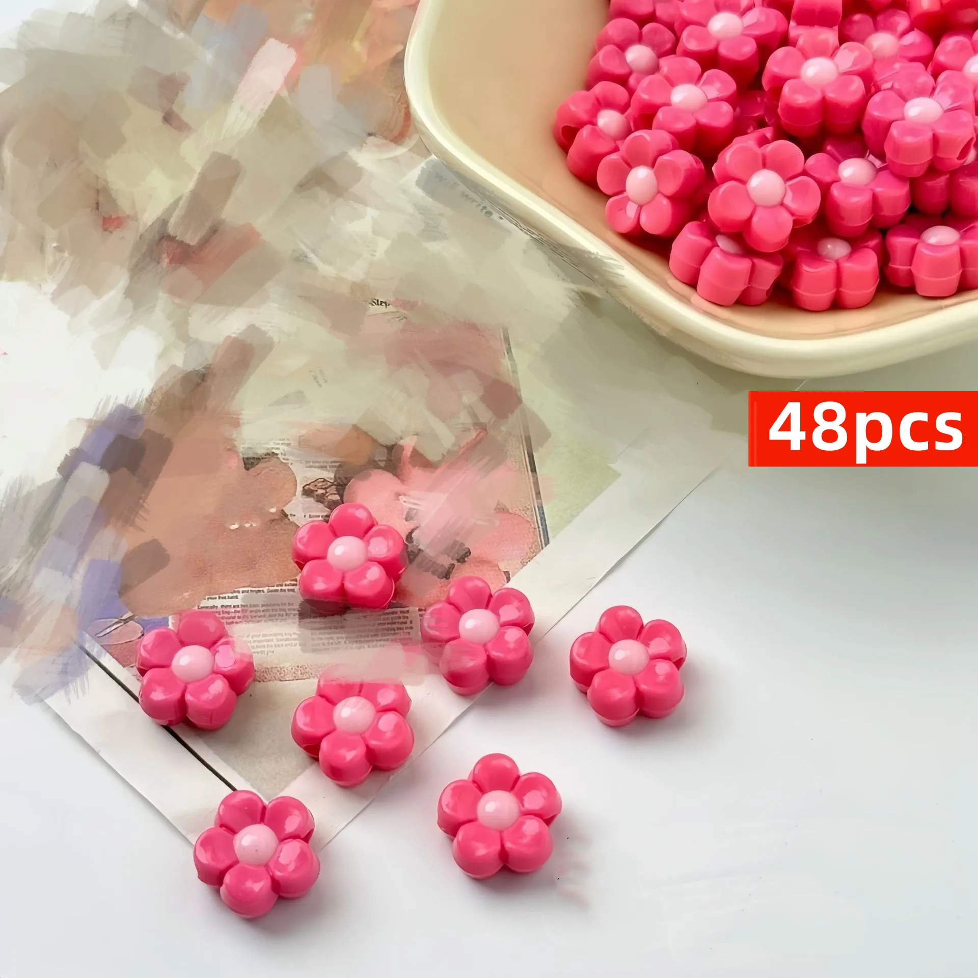 12 mm, 48 Stück, rosa, rosafarben, Blumen-Acrylperlen, gemischte Farben für die Schmuckherstellung, DIY-Paar-Armband, Halskette, Kunsthandwerk – Detail 6