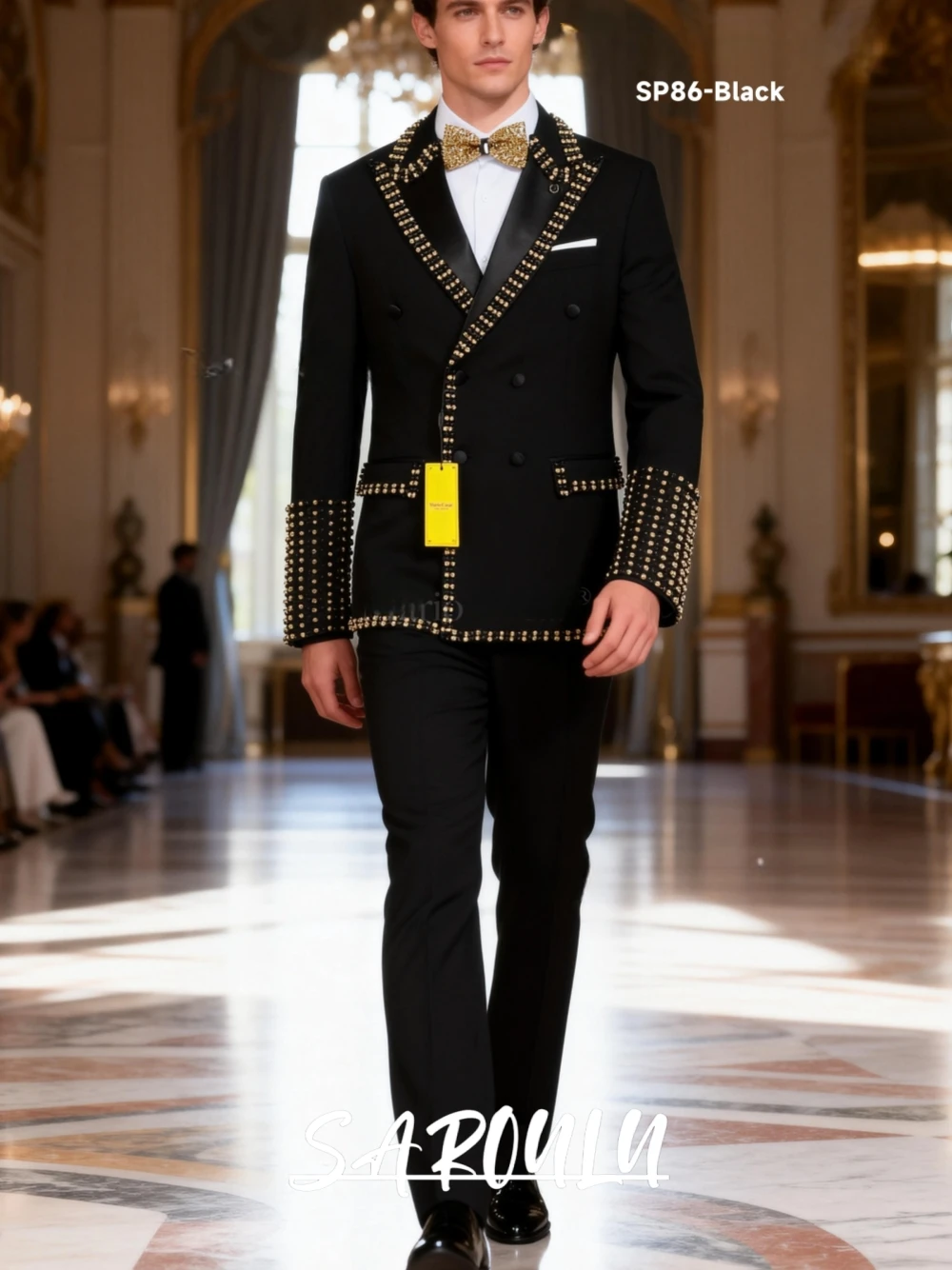 

Men's Black Suit Set With Gold Beads Double Breasted Blazer Pants For Wedding Banquet Prom Business Event Formal Party Attire