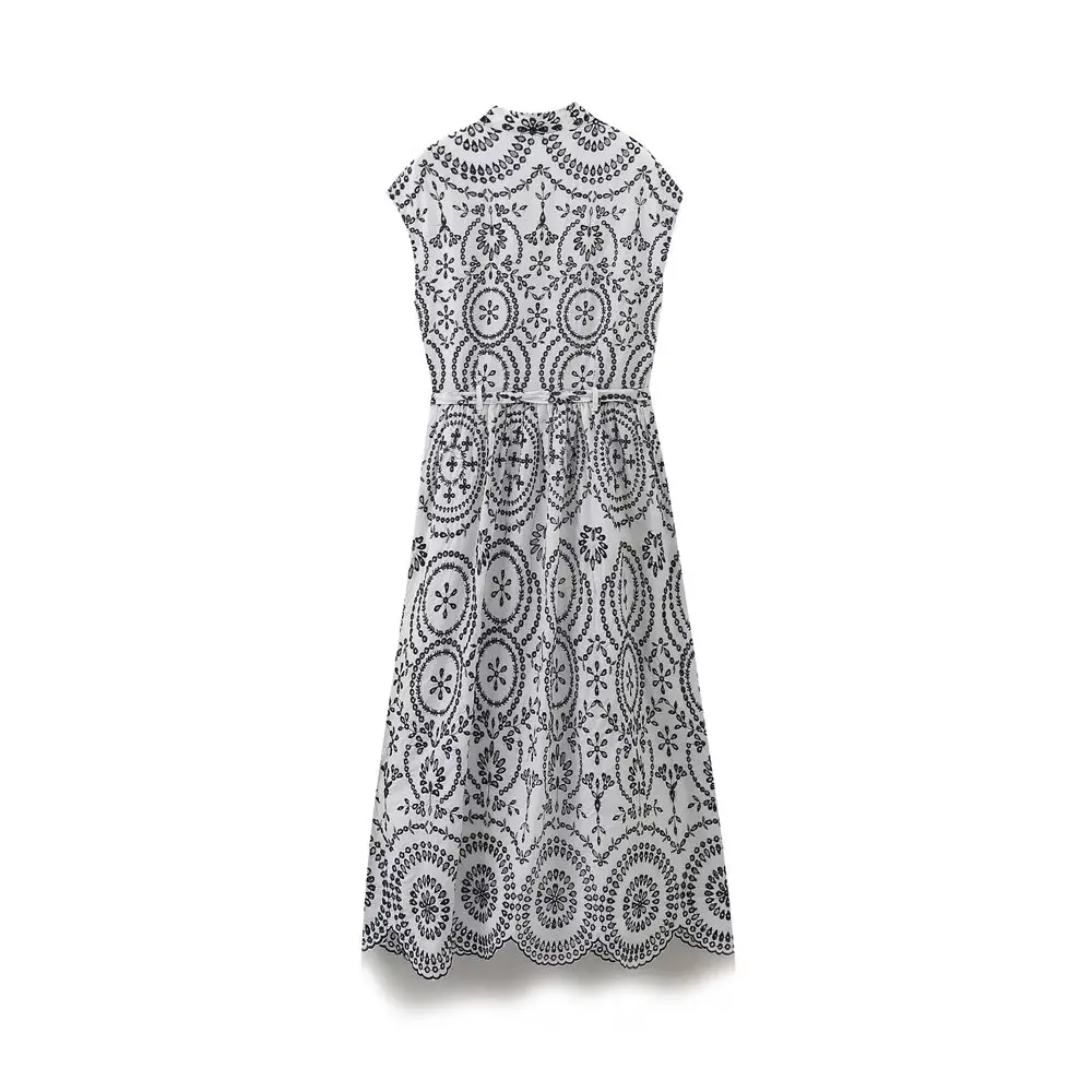 فساتين نسائية صيفية مطرزة أنيقة من KONDALA بدون أكمام ورقبة على شكل حرف v وأزرار وشاحات فساتين غير رسمية موضة 2025 فساتين عتيقة