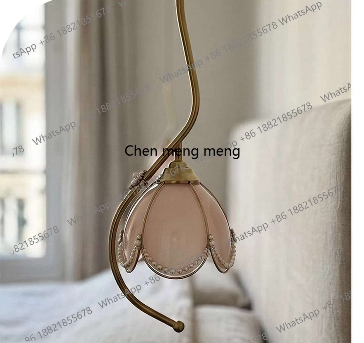 

French retro creative flower bedside chandelier wrought iron pink resin lampshade