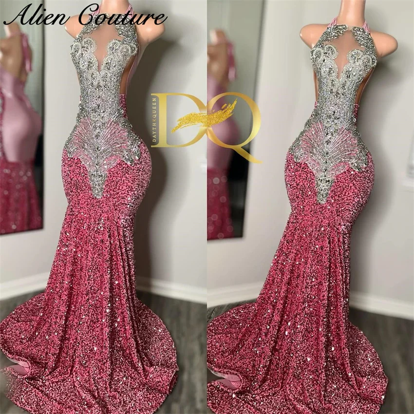 Exquisite Pink Sequins Prom Dresses Crystals Diamonds Birthday Party Gowns Wedding Reception Birthday Gown