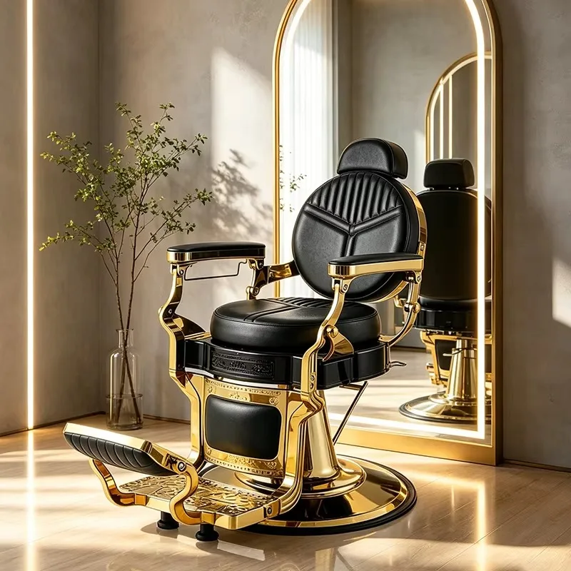 

Modern Beauty Salon Furniture Gold Metal Frame Hairdressing Styling Chair Luxury Heavy Swivel Reclining Barber Chair
