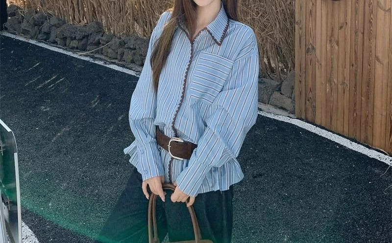 

2025 New Striped Design Color-Block Long Sleeve Shirt Casual Loose Blue Top