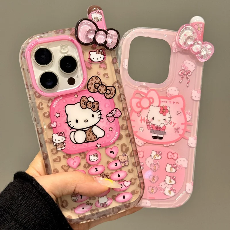 

Luxury leopard print Mobile phone Cute Cartoon Hello Kitty Cat Phone Case For iPhone 13 14 15 16 Pro Max sweet Pink KT Cover