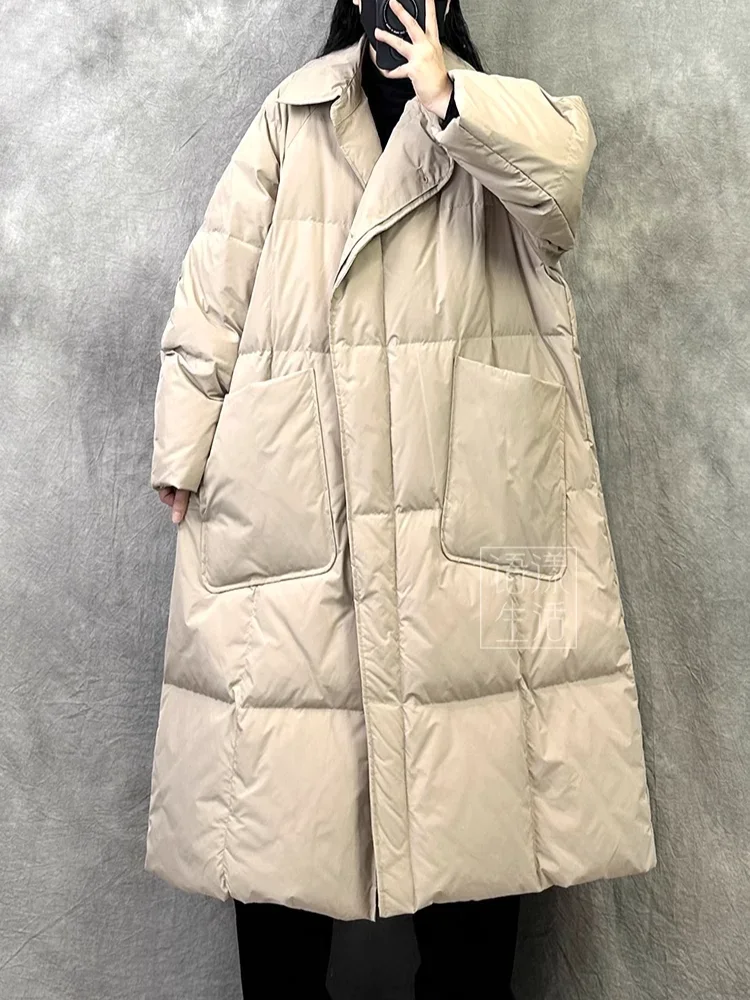 Women's Fluffy Down Jacket, 90 Duck Down, Suit Collar, Single-Breasted, Long Parkas, Casual Coat, Winter Fashion