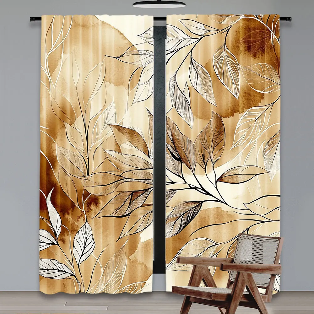 2Pcs Tan Curtain Abstract Modern Monochromatic Painting Of Intricate Leaves Ebru Like Back For Living Room Bedroom Dining Room