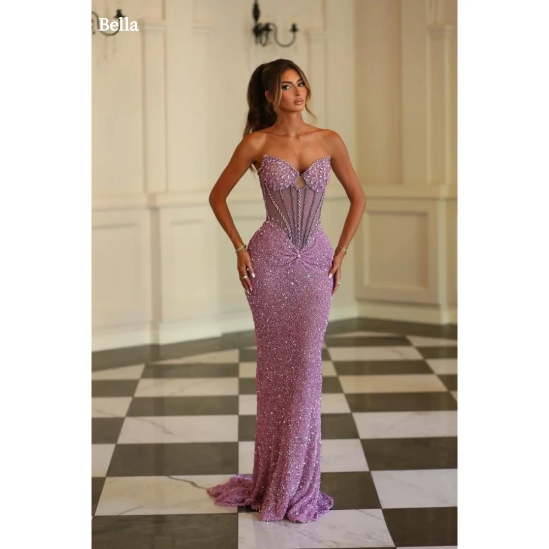 

Bella Индивидуальные розовые блестящие вечерние платья из бисера без бретелек с открытой спиной и без рукавов Вечерние платья длиной до пола, платье для выпускного вечера 2025
