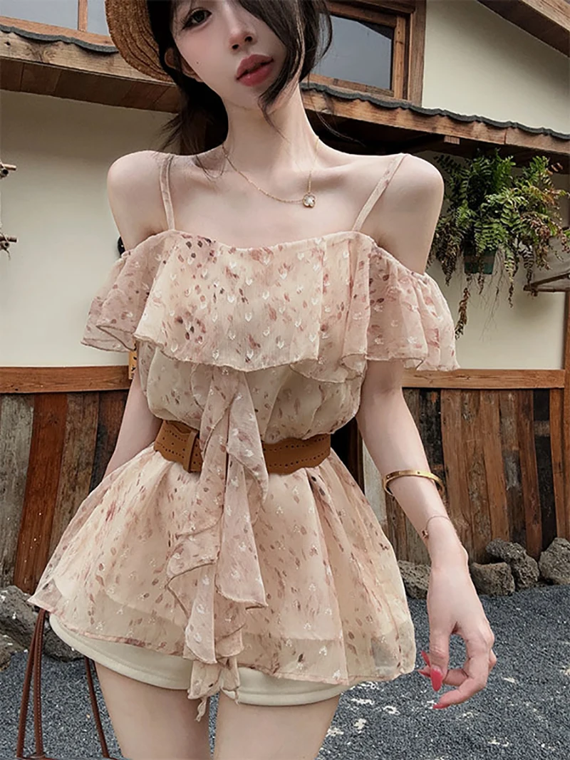 

Sexy Spicy Print Ruffle Hem Strapless Sleeveless Top Women's Summer Loose Vacation Style Korean Version Breathable Citywalk