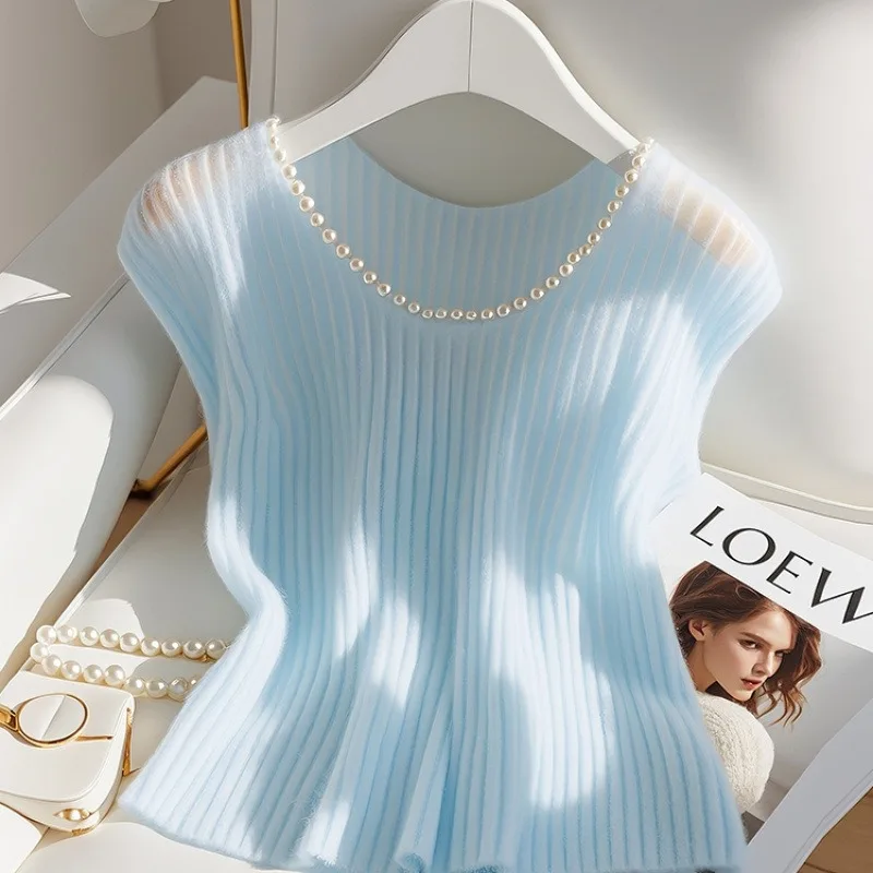 Sommer Stricken Frauen Weste O Hals Perle Diamant Stricken Solide Pullover Top Koreanische Mode Dünne Leichte Pendler Weibliche Tragen