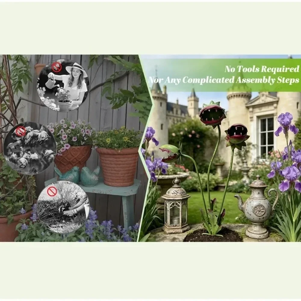 New Colorful Painted Metal Flytrap Garden Stake Wrought Iron 3-Head Carnivorous Plant Floral Stakes Rust-proof Iron Garden Stake