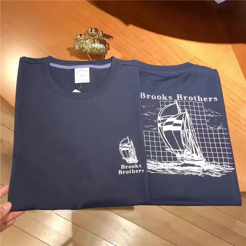 

Brooks Brothers Printed T-Shirt Men's White Short Sleeve High Quality Top Casual Loose T-Shirt Comfortable Short Sleeve