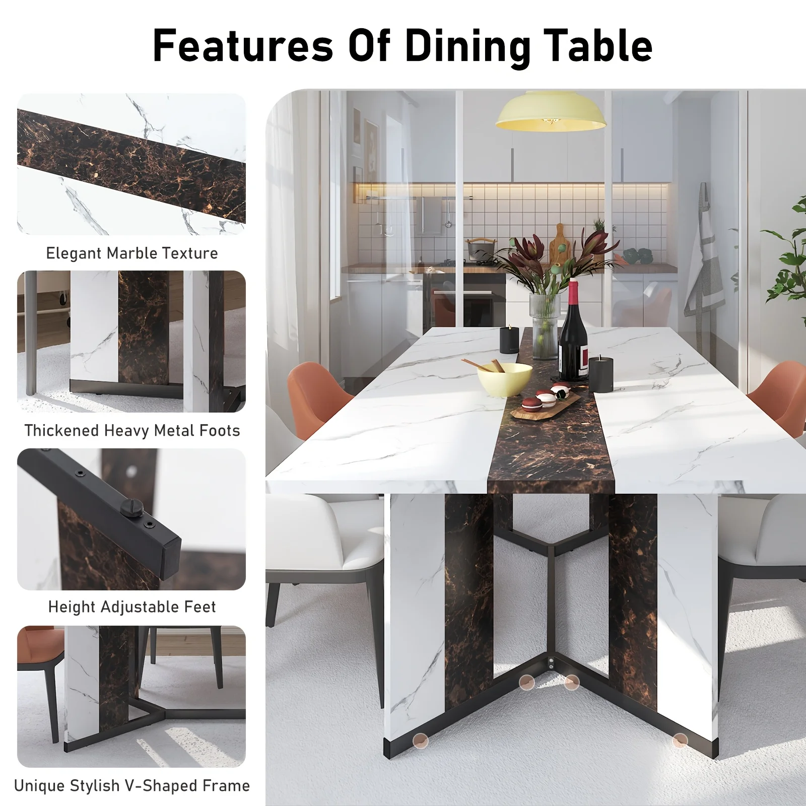 Luxurious 71-Inch Large Rectangular Dining Table with Marble-Color Wood Top, Adjustable V-Shaped Legs, Waterproof and Scratch-Proof for 4-7 People - Ideal for Family Dinners, Office, Kitchen, Living Room