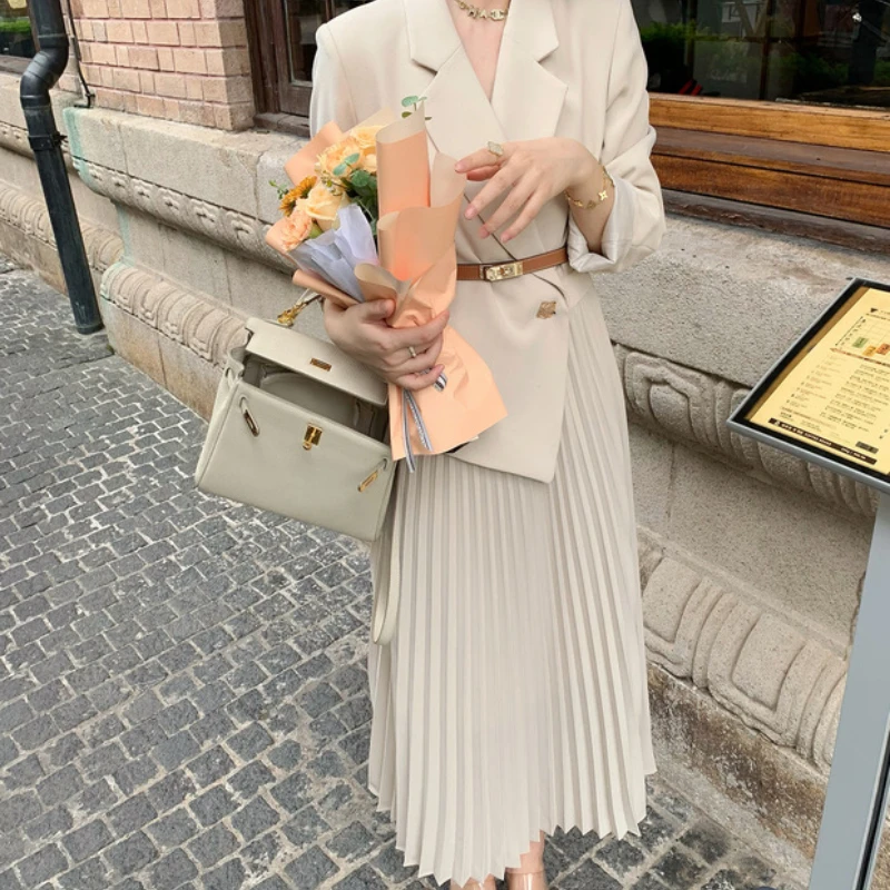 Women Blazer Dress 2024 Autumn New Korean Fashion Suit Spliced Pleated Long Dress Elegant Women Stylish Outfit OL Vintage Dress