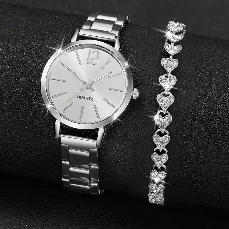 

2 Pcs Silvery Quartz Watches Zinc Alloy Strap Zinc Alloy Pointer Zinc Alloy Dial And Rhinestone Bracelet For Mom Her