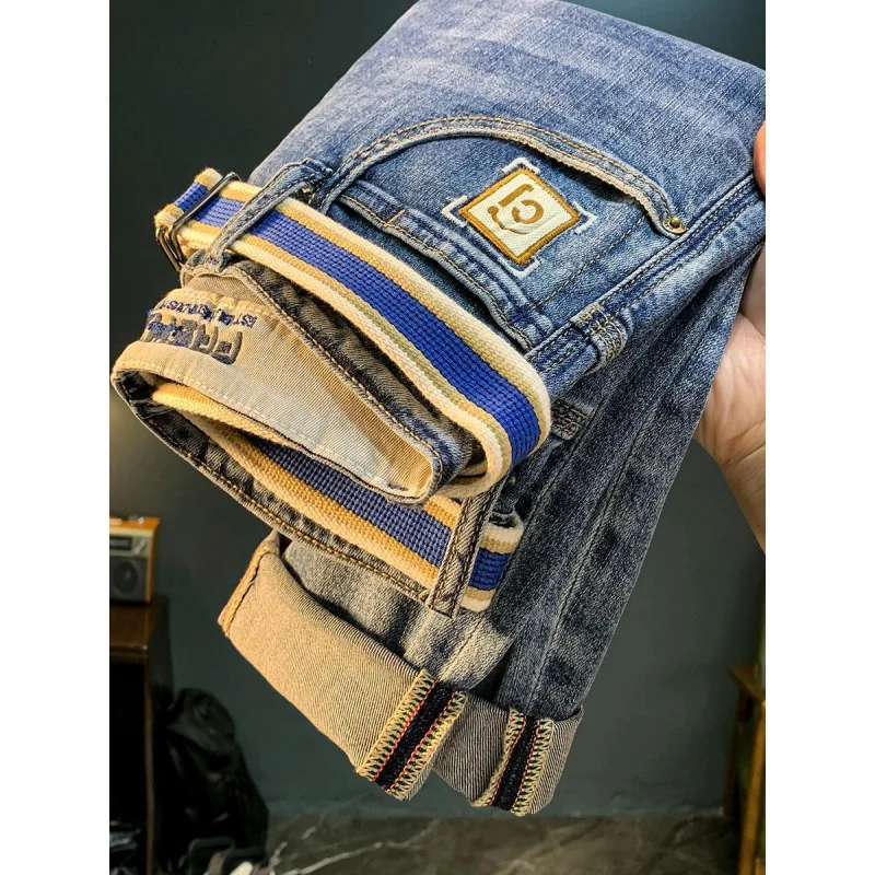 New style jeans men trendy brand with holes elastic straight tube slim fit casual cool feeling fashionable versatile denim pants