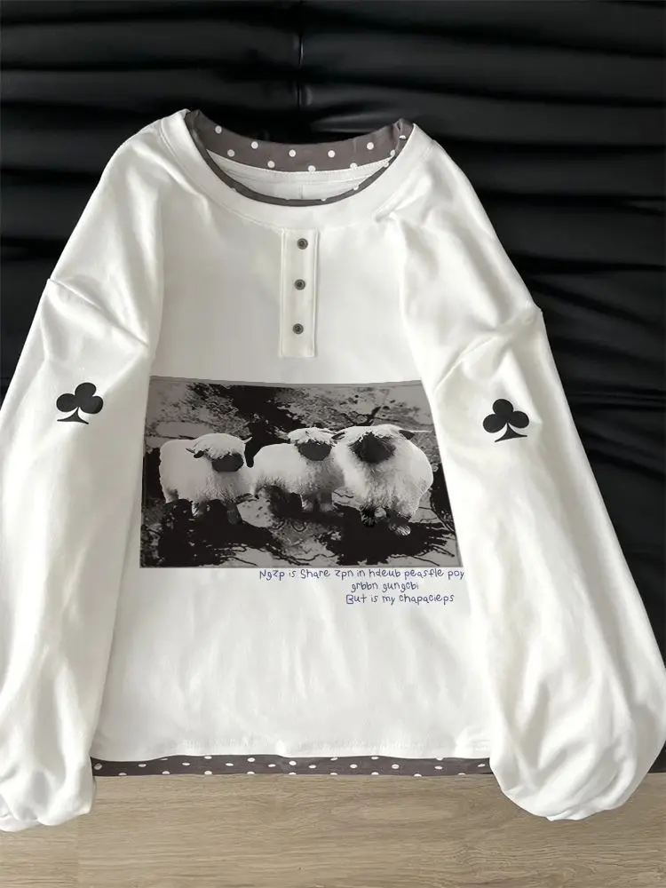 Preppy Korean Cute Sheep Print Long Sleeve Cotton T Shirt Women Polka Dot Cuff Henley Collar Oversized Loose Casual Street Top