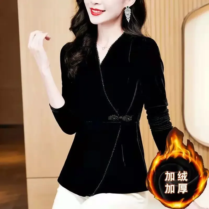 Gold Velvet Top Noble Fashionable Women's Long-sleeved Autumn Winter New Style Mother's Waist-closing Base Shirt