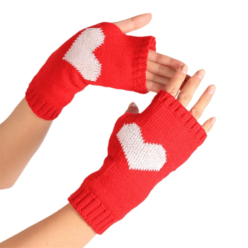 EWODOS Kids Women Fingerless Gloves Crochet Knit Gloves Stretchy Soft Winter Warm Heart Mittens Soft Cotton Comfortable Gloves