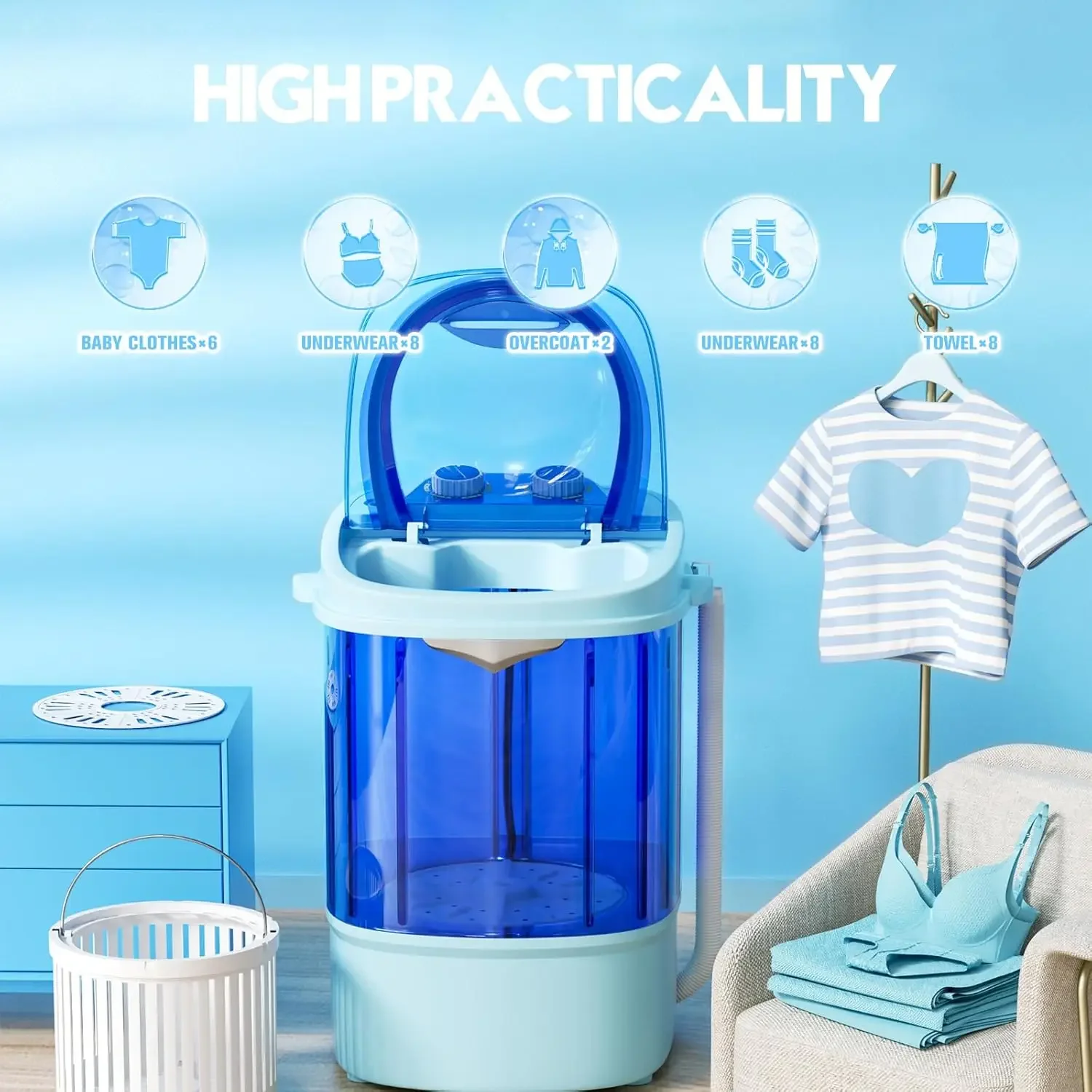 Portable Washing Machine, 11 Lbs Mini Small Washer Machine, Single Tub Laundry Washer for Apartments, Dorms,Traveling