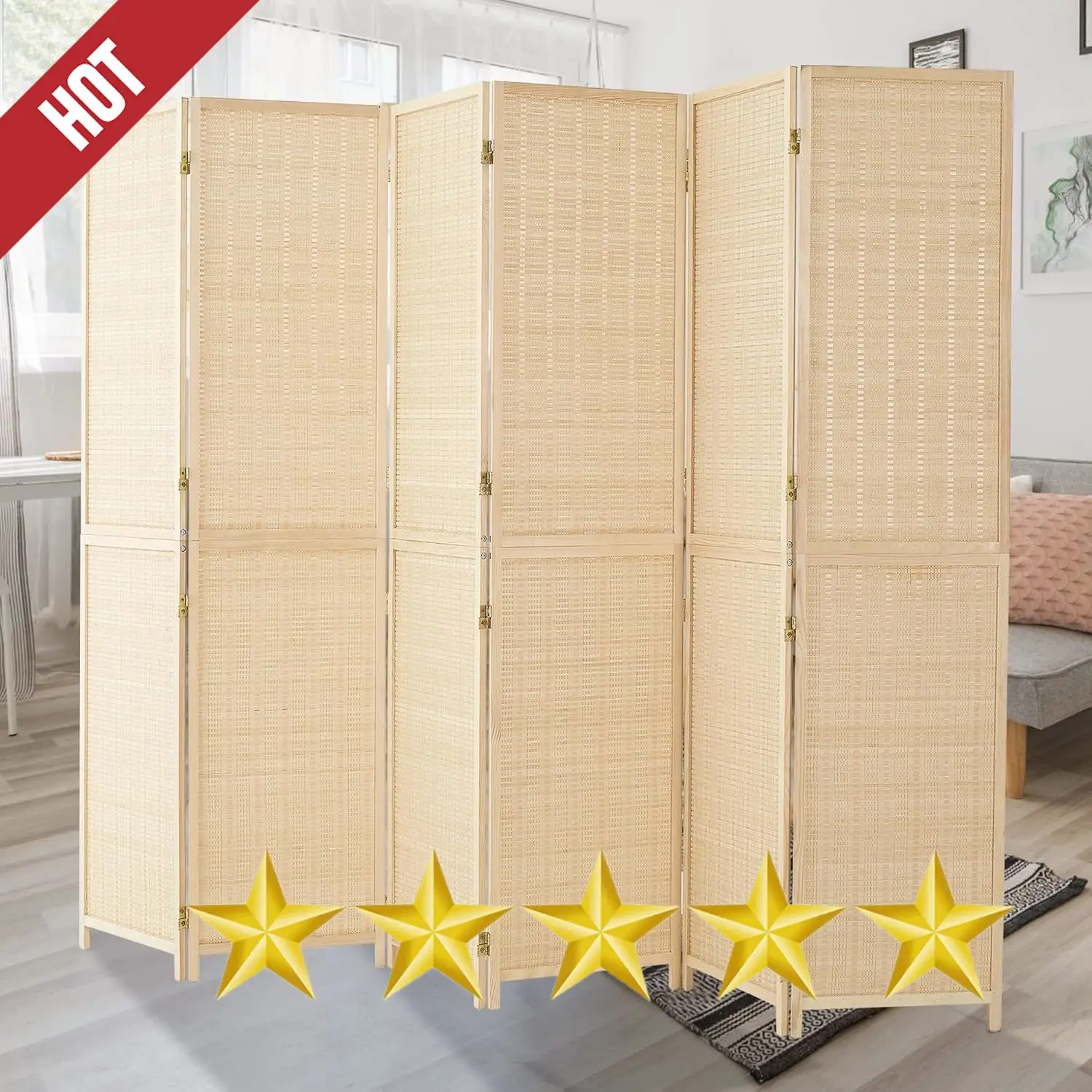 6 Panel Bamboo Room Divider, 6ft Tall Folding Privacy Screen for Room Separation and Portable Freestanding Wall Partition