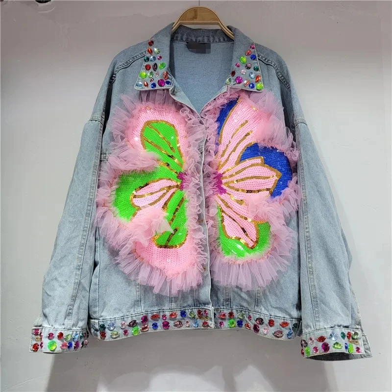 

new Fashion Hem Burrs Denim Coat Women Diamond Sequins Flower splicing Mesh yarn Short Jean tops Female Loose Bomber Jacket T407