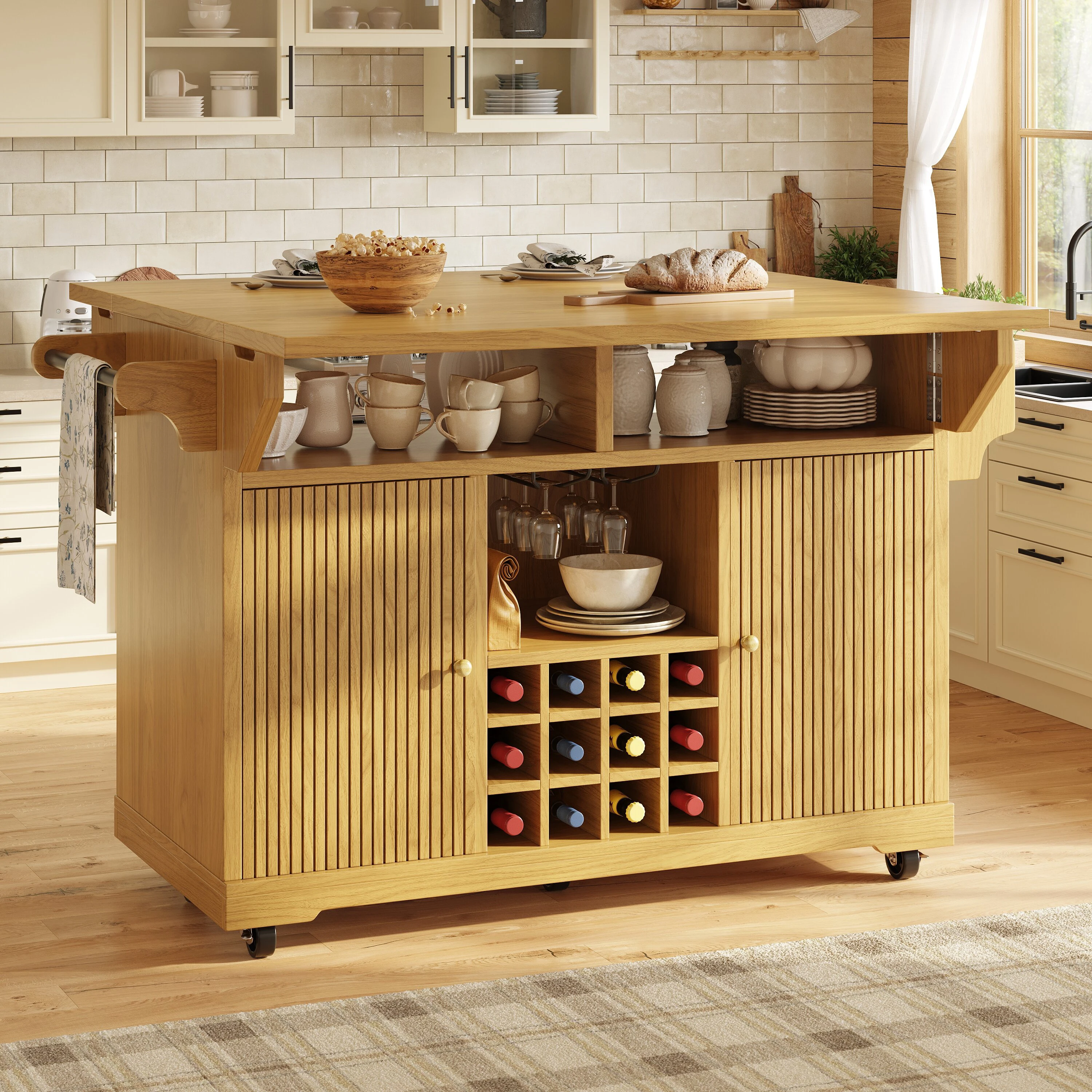 Chariot de service de cuisine multifonctionnel avec rangement, étagères réglables, porte-bouteilles, extensions latérales pliables, table utilitaire mobile sur roulettes pour salle à manger, salon, balcon, marron naturel