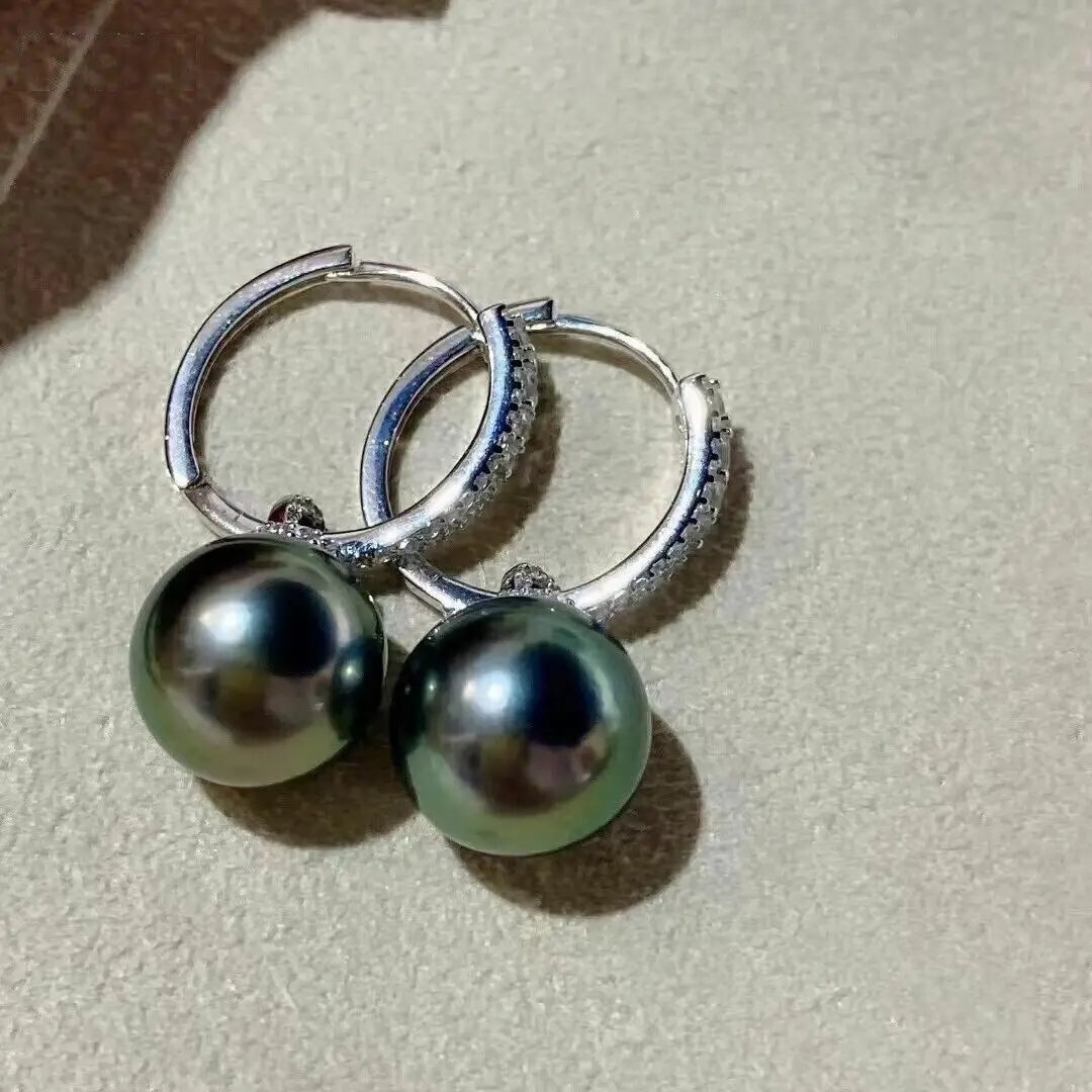 Three strand natural AAA 10-11MM South China Sea black pearl earrings 925 silver