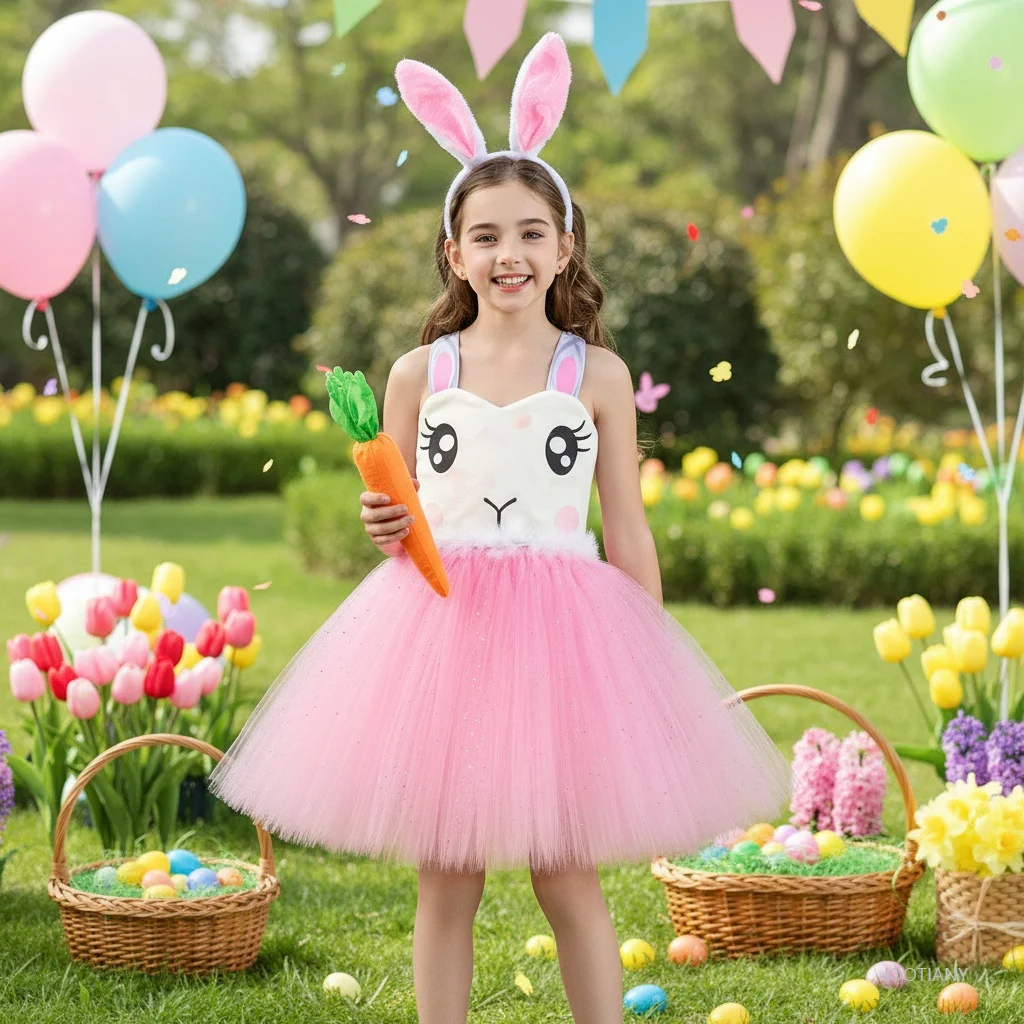 

2026 Pink Easter Bunny Costume Adorable Girls' Bunny Puffy Skirt Headpiece Set Halloween Animal Costume Birthday Party Outfit