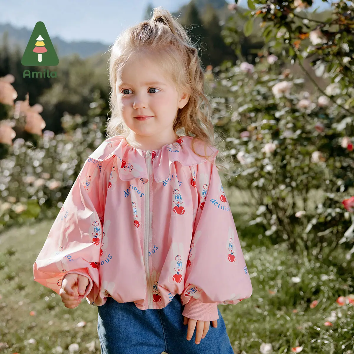 Amila 2024 Spring New Girls Lapel Loose Coat Lotus Collar With Lantern Sleeve Sweet Cute Printed Cotton  Baby Clothing