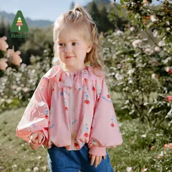 Amila 2024 Spring New Girls Lapel Loose Coat Lotus Collar With Lantern Sleeve Sweet Cute Printed Cotton  Baby Clothing