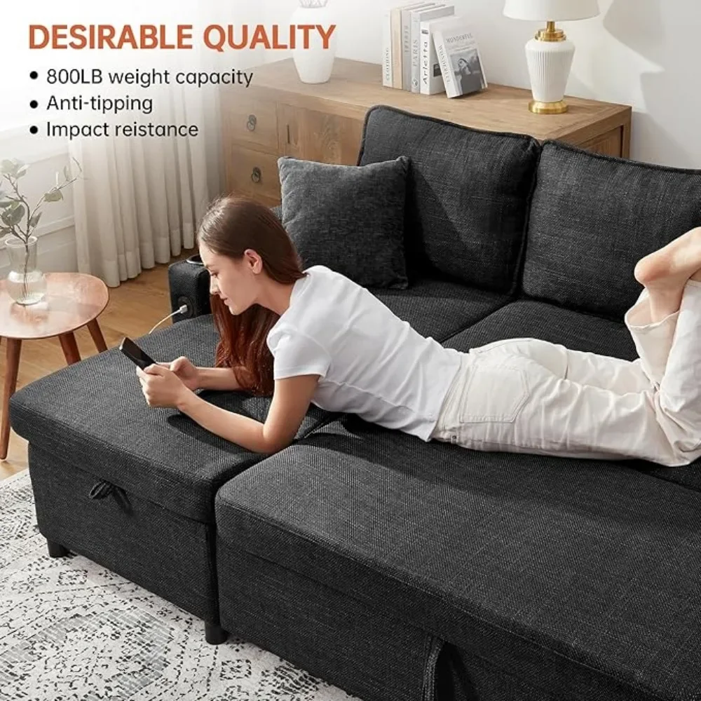 Divano letto, divano letto con letto estraibile per soggiorno, divano a L con chaise longue portaoggetti, USB, portabicchieri