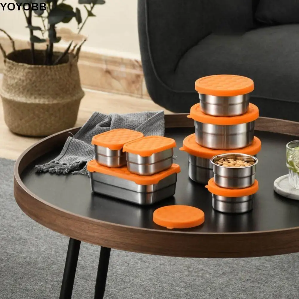

Stainless Steel Food Storage Container with Orange Silicone Lid Leakproof Lunch Box Sealed Rectangle/round Snack Containers