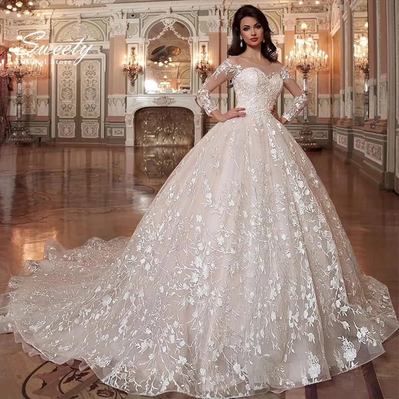 Luxury Wedding Dress Ball Gown With Embroidery Elegant O-Neck Full Sleeve Wedding Customized Crystal Lace Up Vestido De Noiva