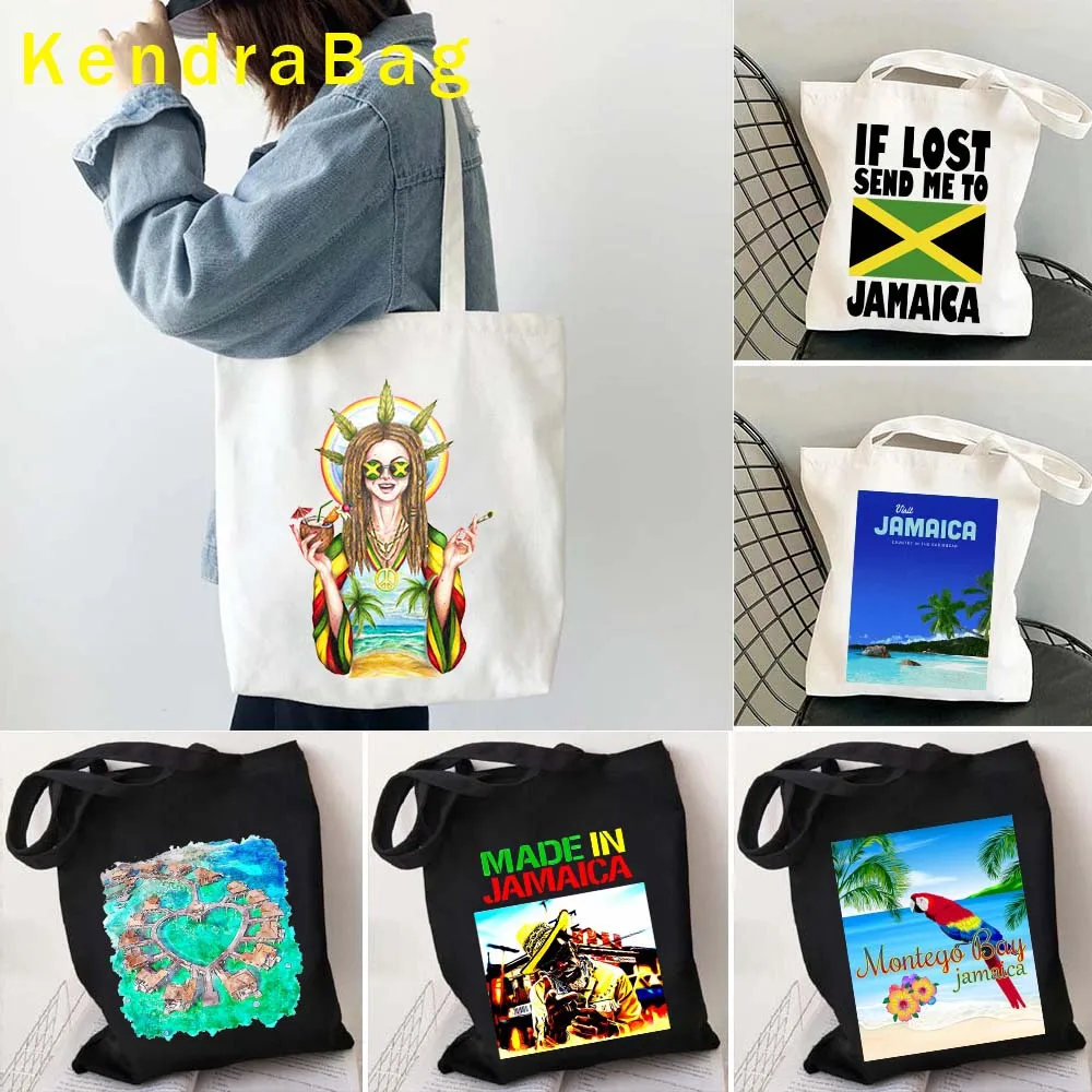 Visit Jamaica Montego Bay Jamaica Flag Map Jamaican Girl Pride Gift OCHO RIOS Sunset Love Heart Vintage Tote Bag Cotton Handbags