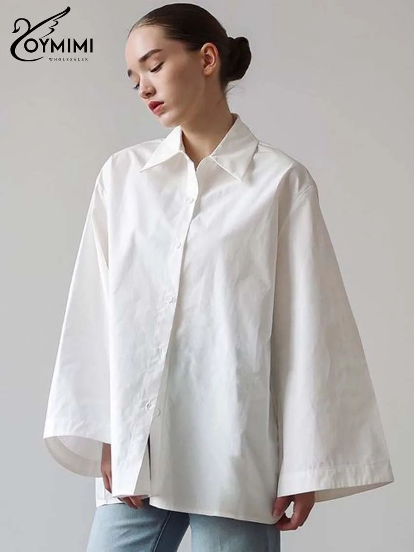 Oymimi Fashion White Cotton Women Shirts Elegant Turn-Down Collar Long Sleeve Shirts Casual Single Breasted Solid Blouses Female