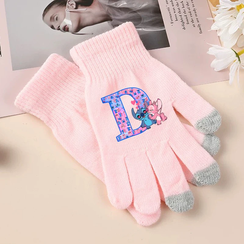 Stitch Angel Cute Gloves Girls Disney Anime Letter A-Z Screen Gloved Kids Winter Warm Fashion Accessories Children Birthday Gift