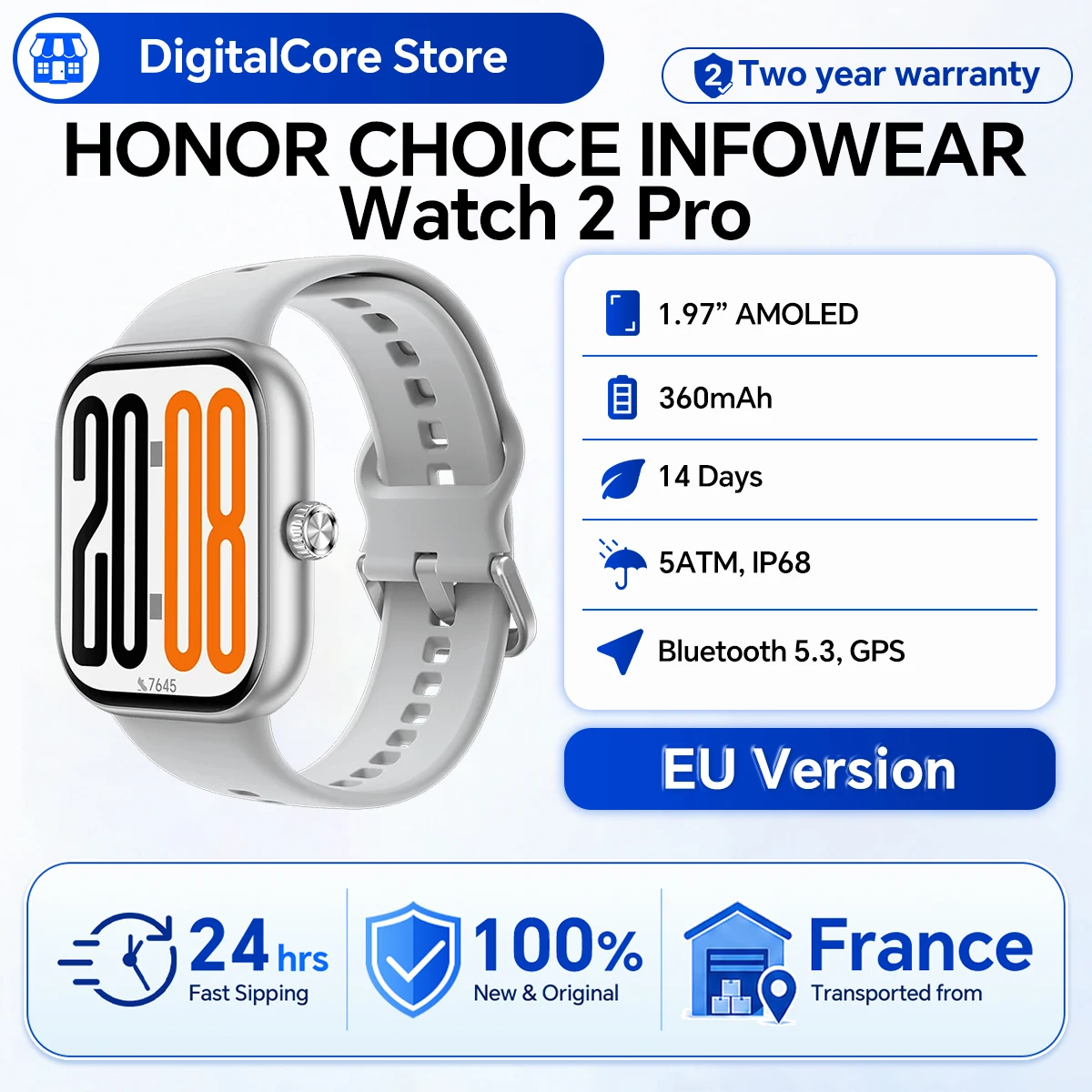 HONOR CHOICE INFOWEAR Watch 2 Pro 1,97 Zoll AMOLED-Display mit schmalem Rahmen, unterstützt Barometer und Kompass, autonome GNSS-Positionierung